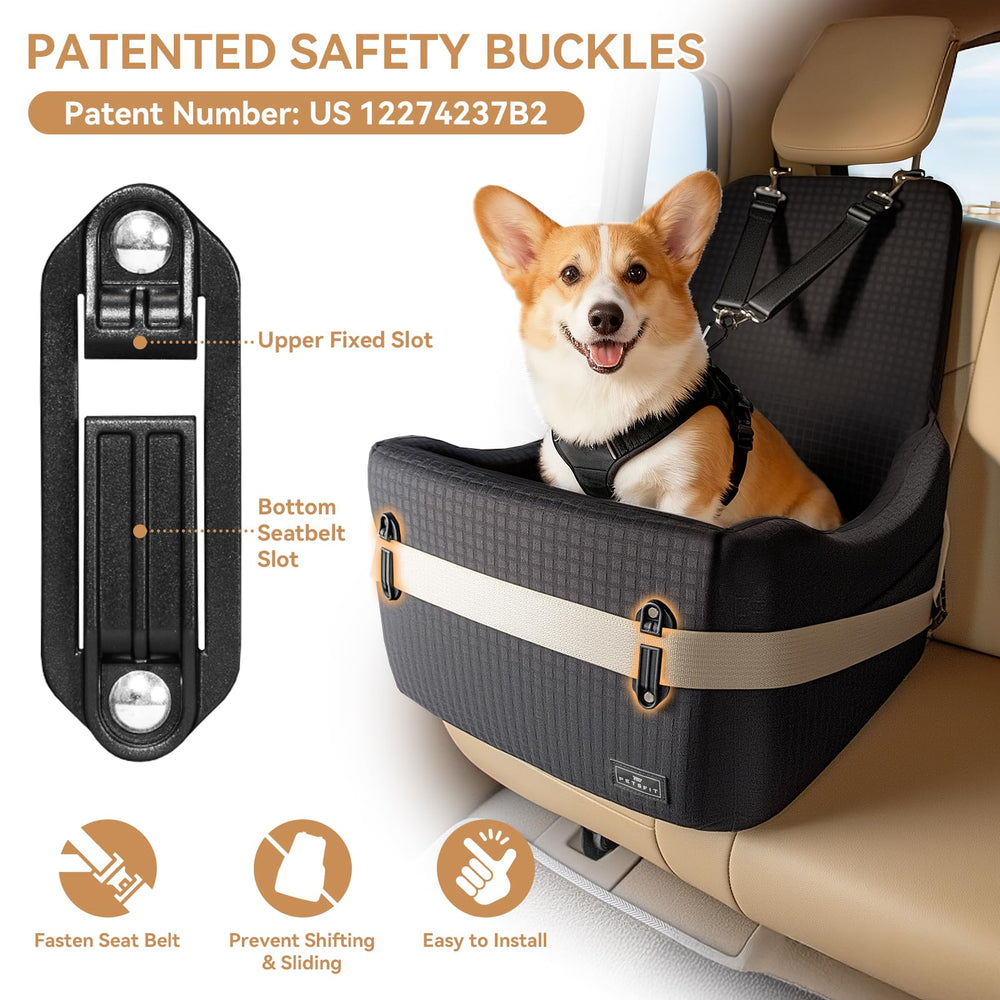 Petsfit booster seat side view highlighting safety buckles.