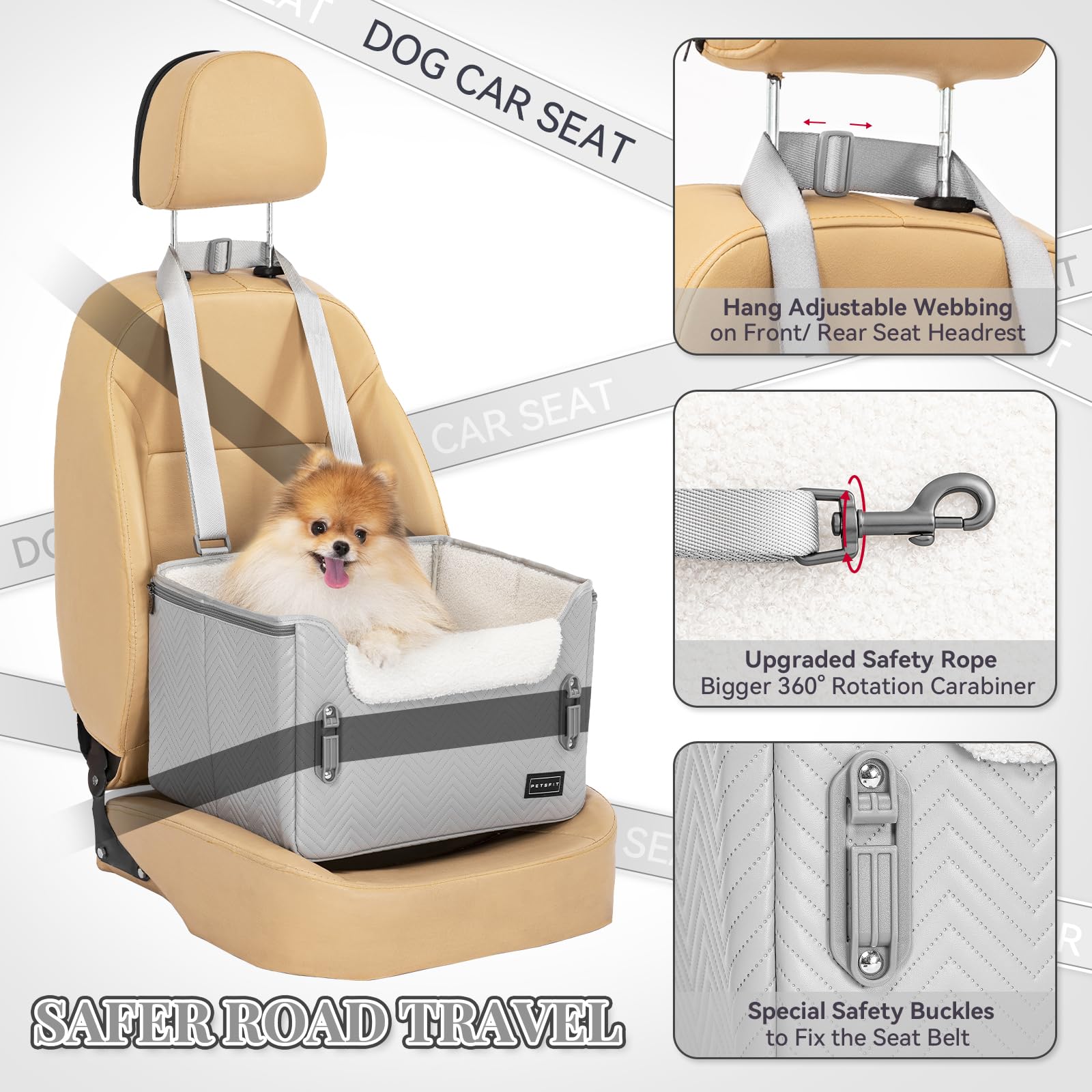 Petsfit dog booster seat, side view, features plush interior for comfort.