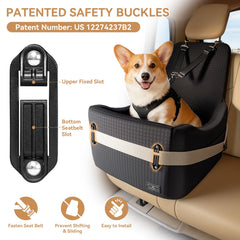 Petsfit booster seat side view highlighting safety buckles.
