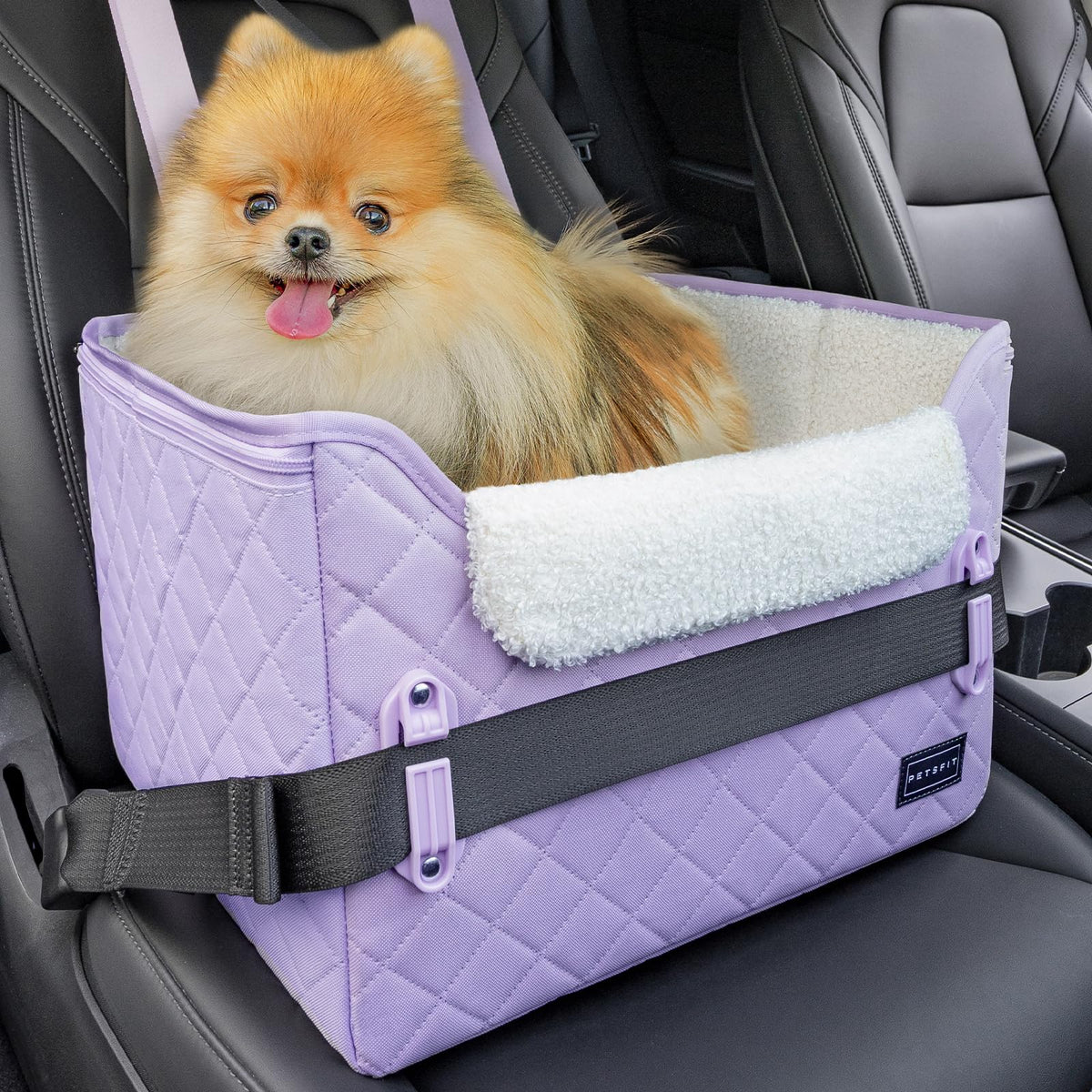 Petsfit dog car seat front view demonstrates secure travel for small dogs.