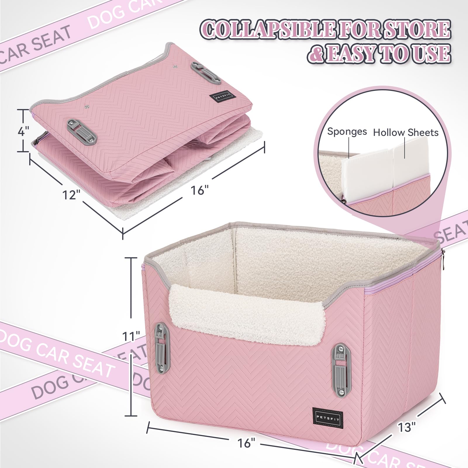 PETSFIT dog car seat light pink durable fabric close-up quality.