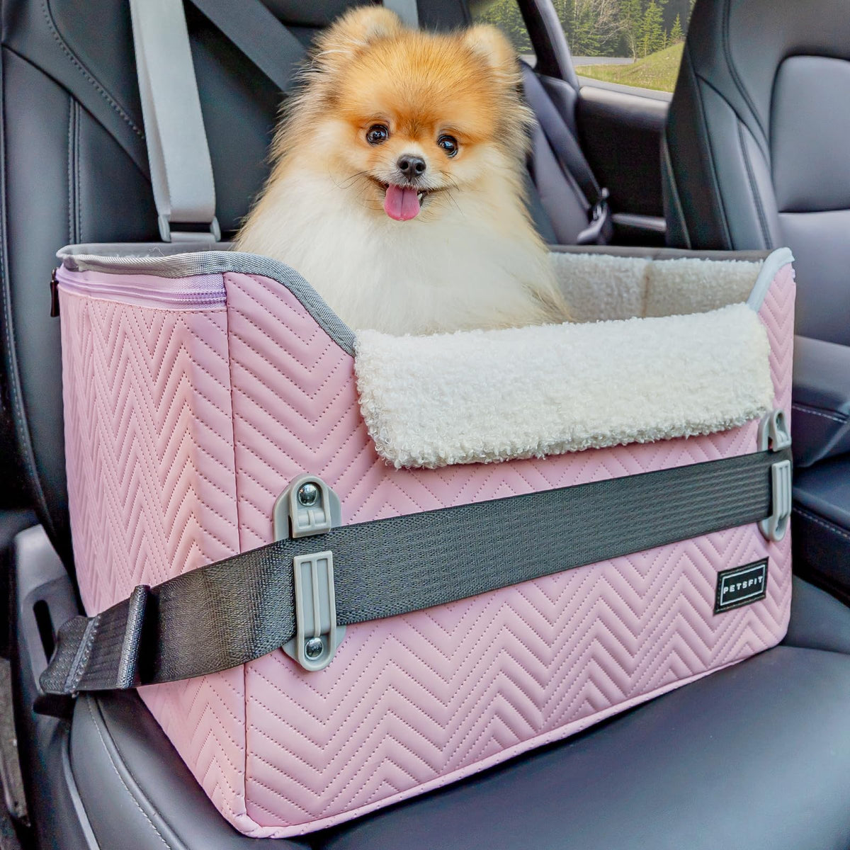 PETSFIT dog car seat light pink front view for safe road trips.