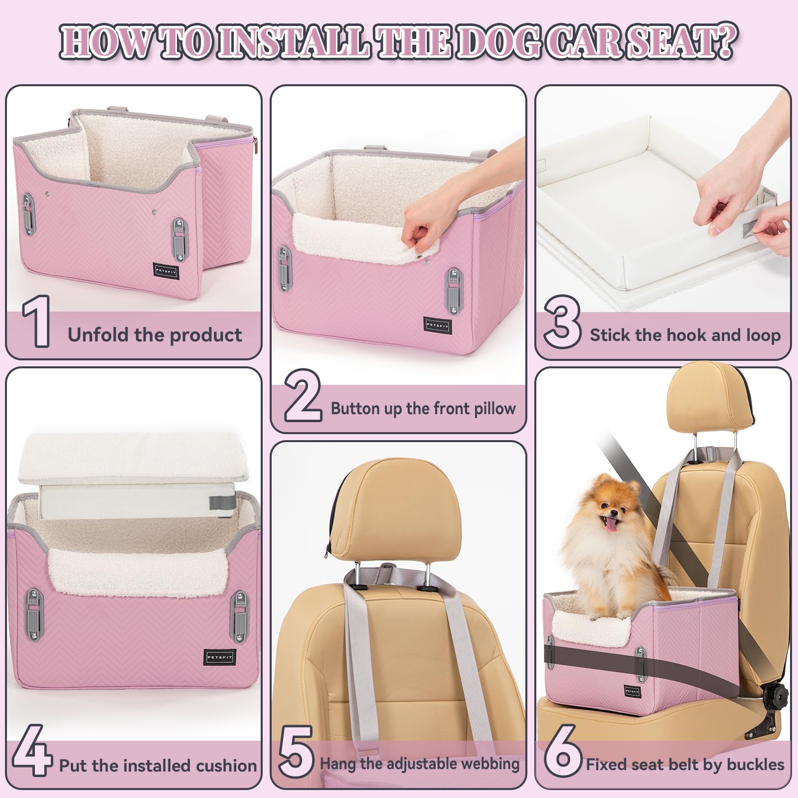 PETSFIT dog car seat light pink padded booster cushion adds comfort.