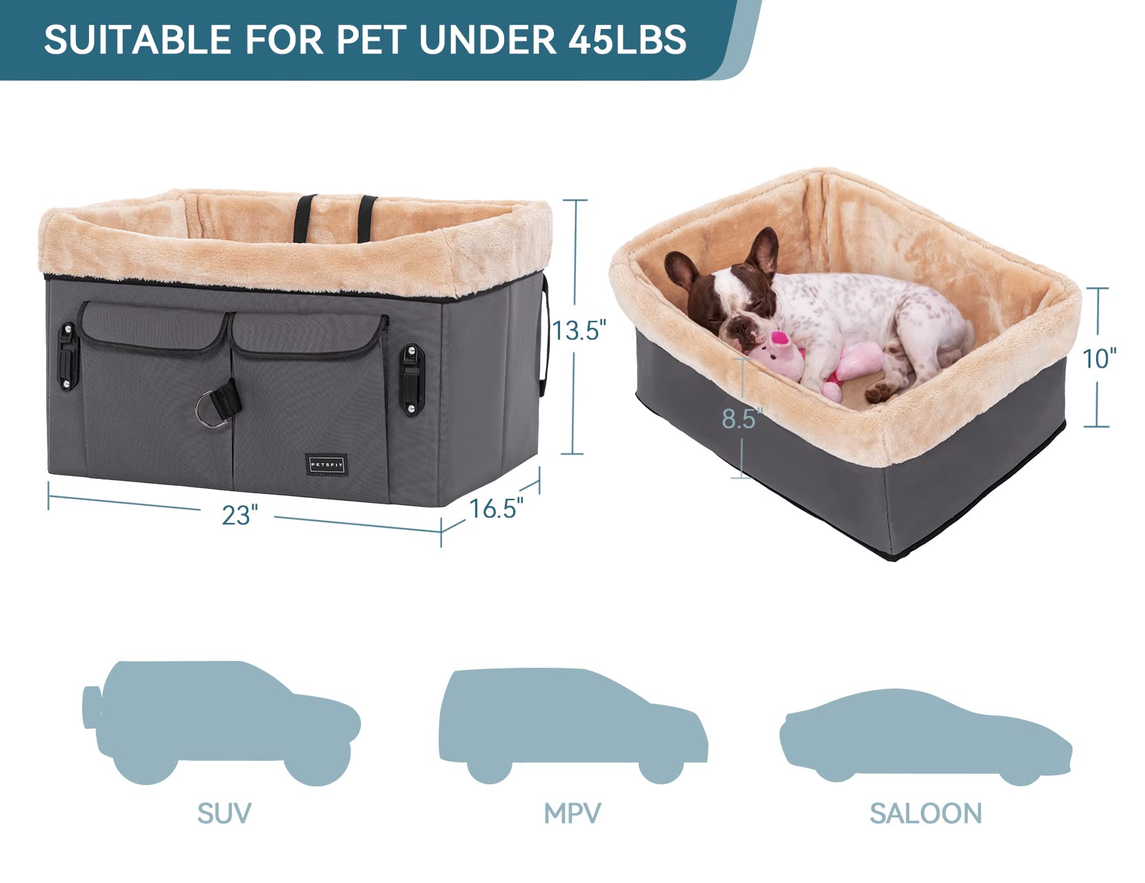Petsfit dog car seat removable pad for quick washing and care.