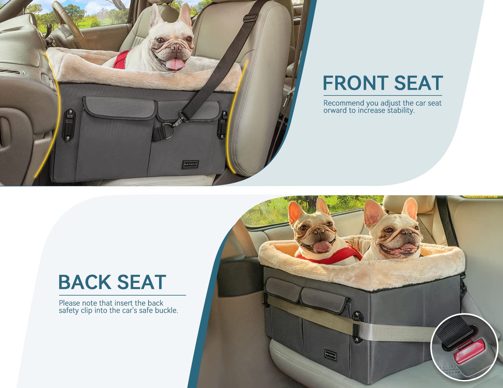 Petsfit dog car seat side view highlights comfortable fit for two small dogs.