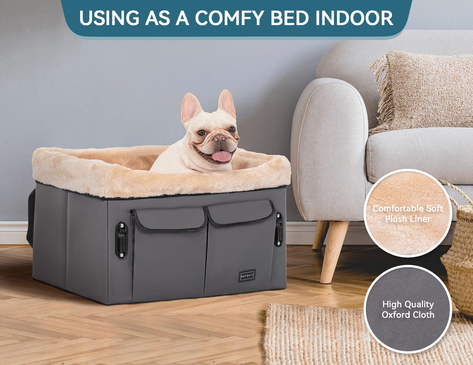 Petsfit dog car seat compatibility for medium dogs and two small pets.