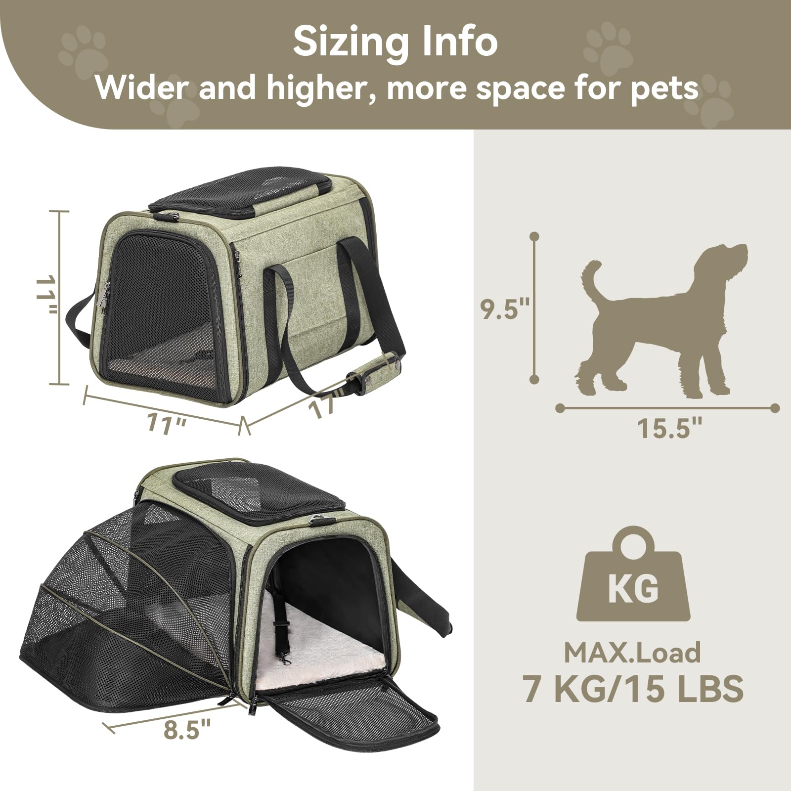 Petsfit M size carrier dimensions 17 x 11 x 11 inches with expandable space
