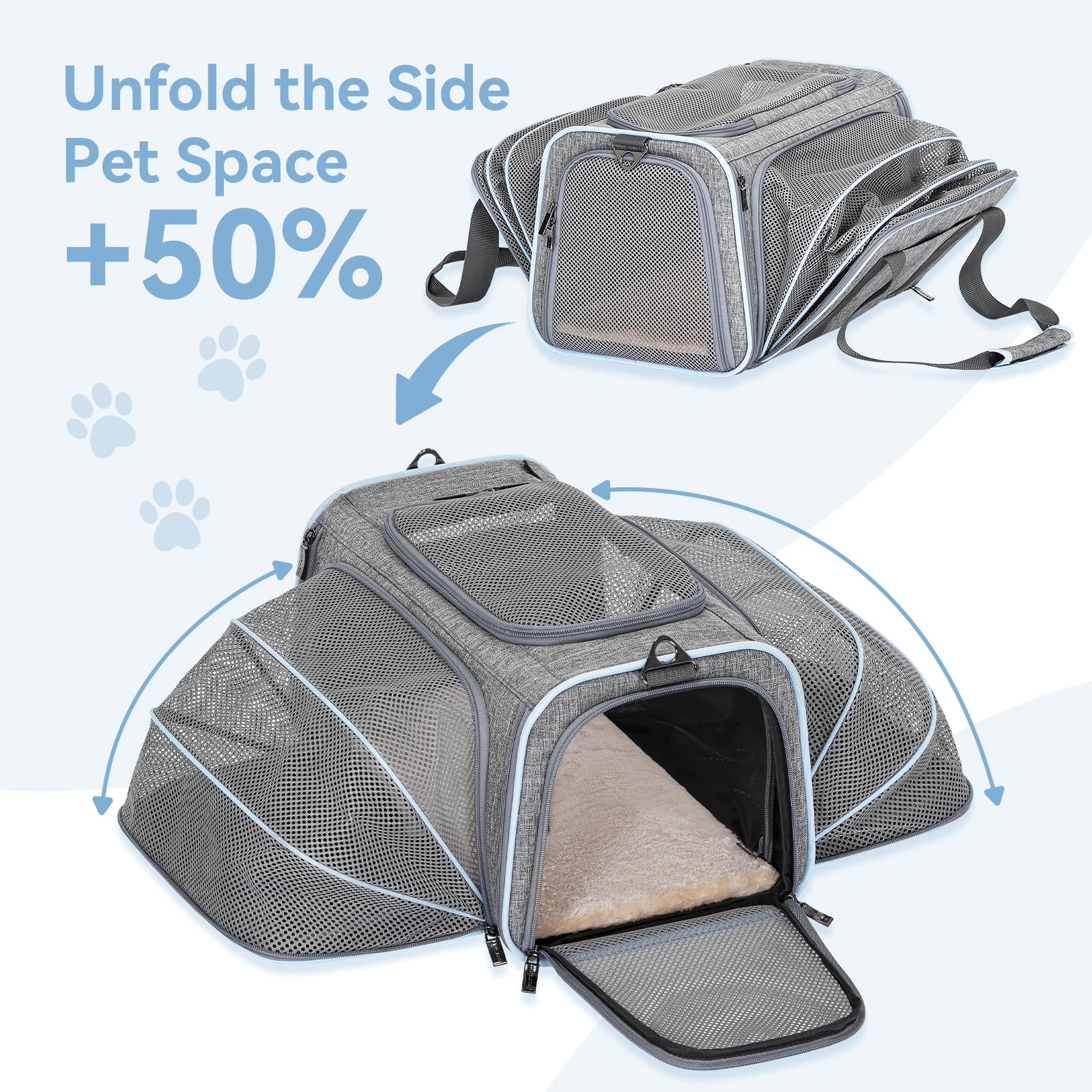 Petsfit expandable small cat carrier expanded space lets pets sprawl during travel.