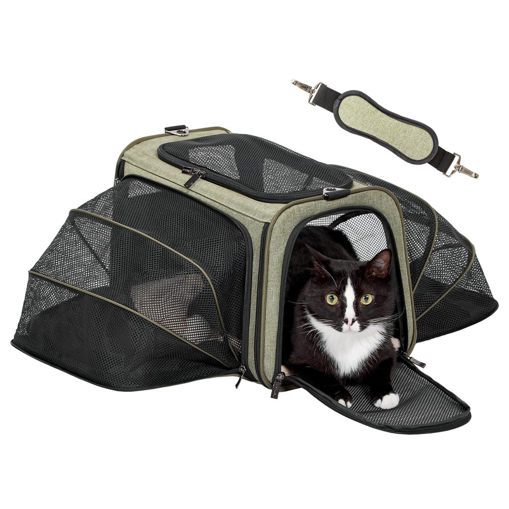 Petsfit expandable soft-sided carrier demonstrates extra space for pets on trips.