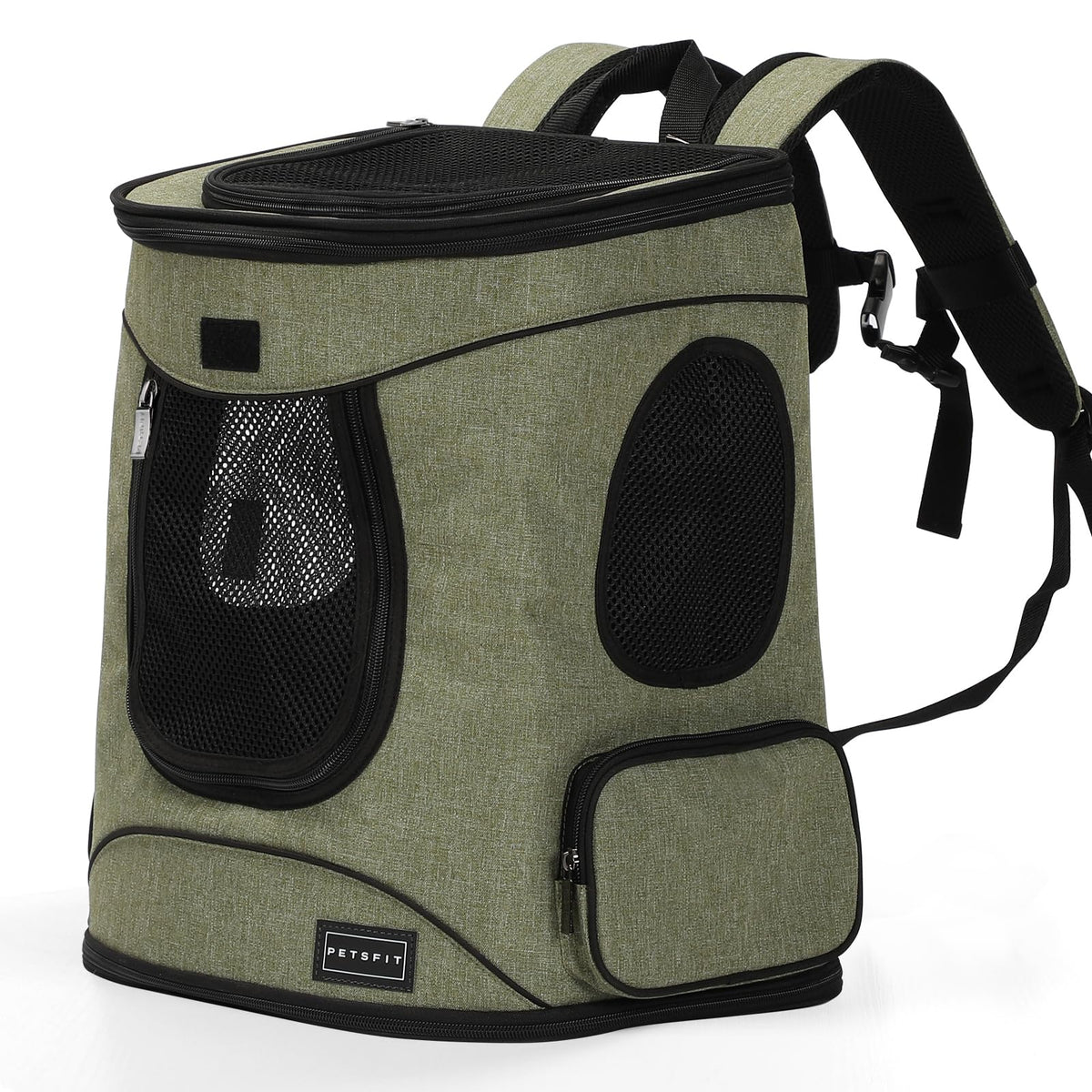 Petsfit pet backpack carrier front view with roomy space for small pets.