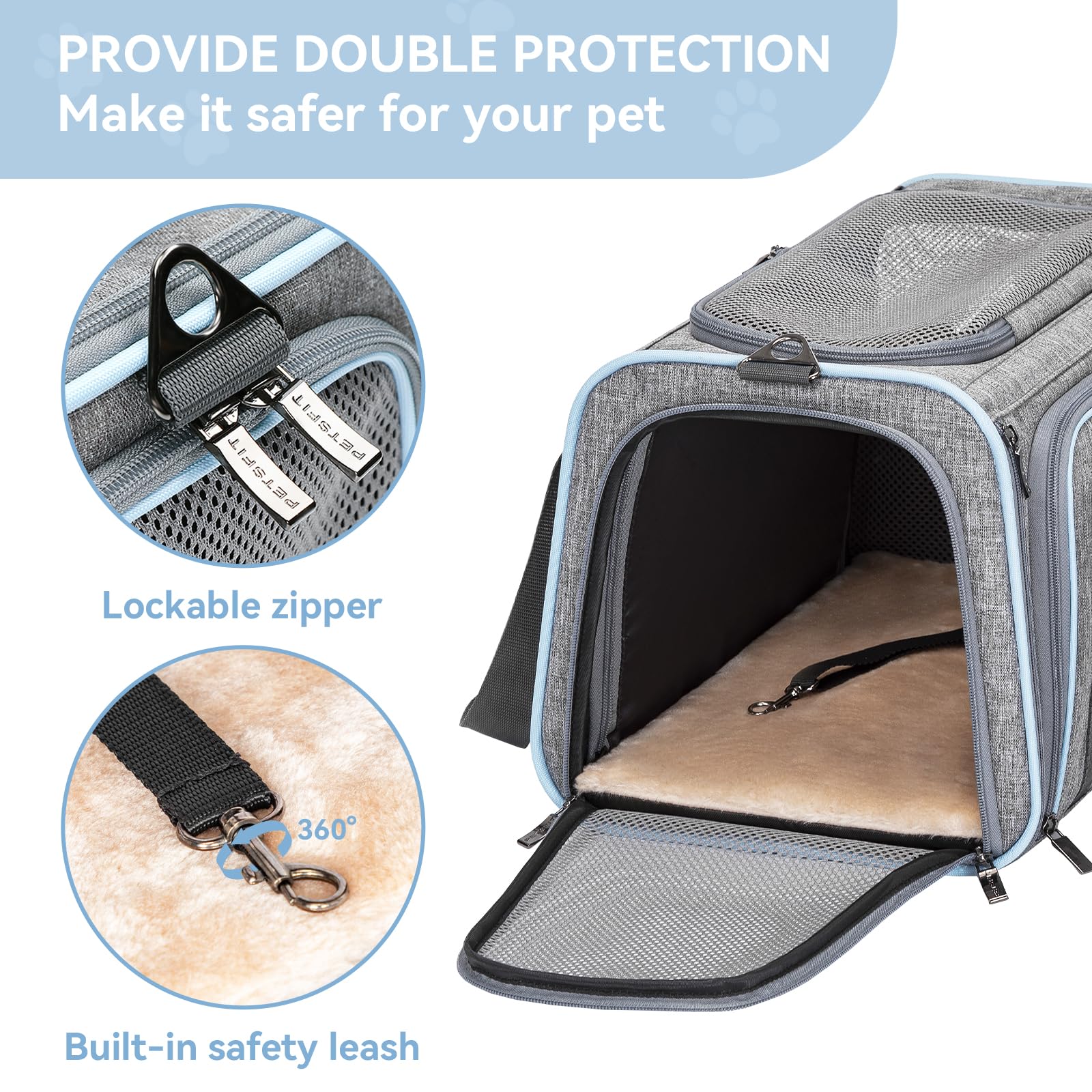 Petsfit pet carrier features two mesh windows for airflow.