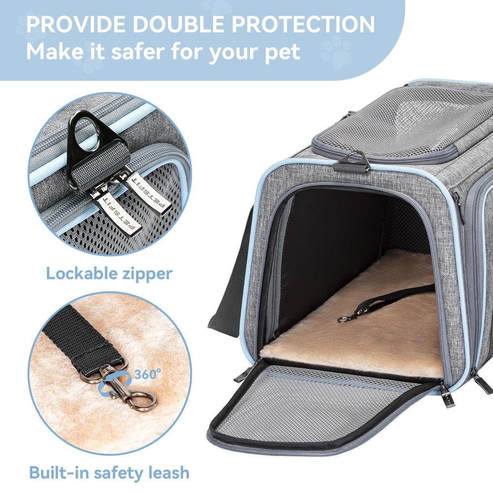 Petsfit pet carrier features two mesh windows for airflow.