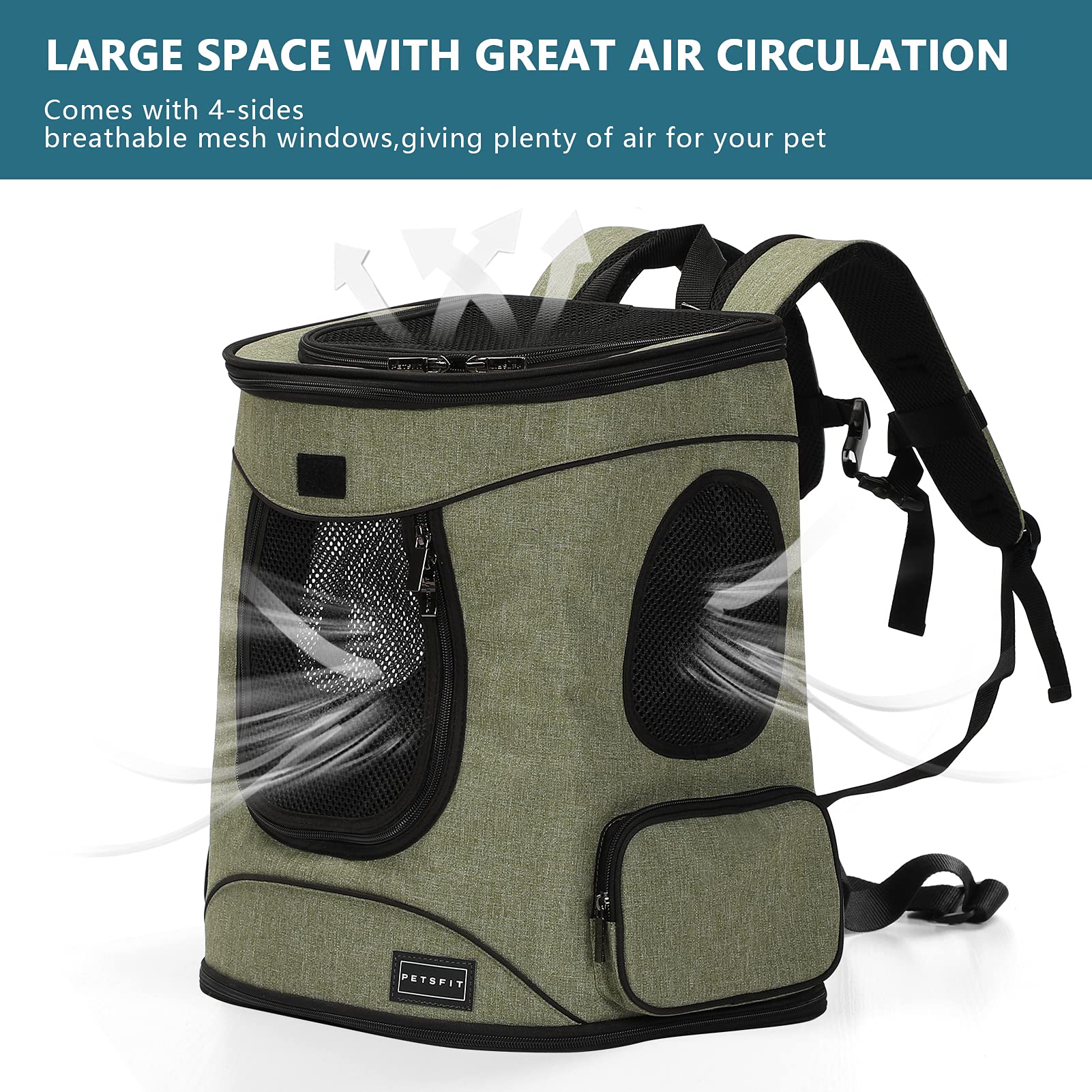 Petsfit security features show lockable zipper and built-in safety belt.