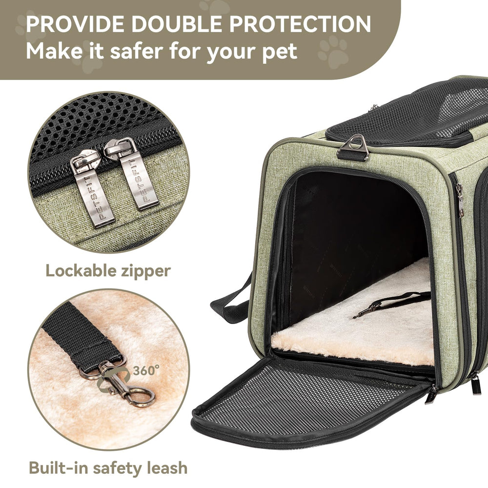 Petsfit built-in leash and self-locking zippers enhance pet safety during travel.