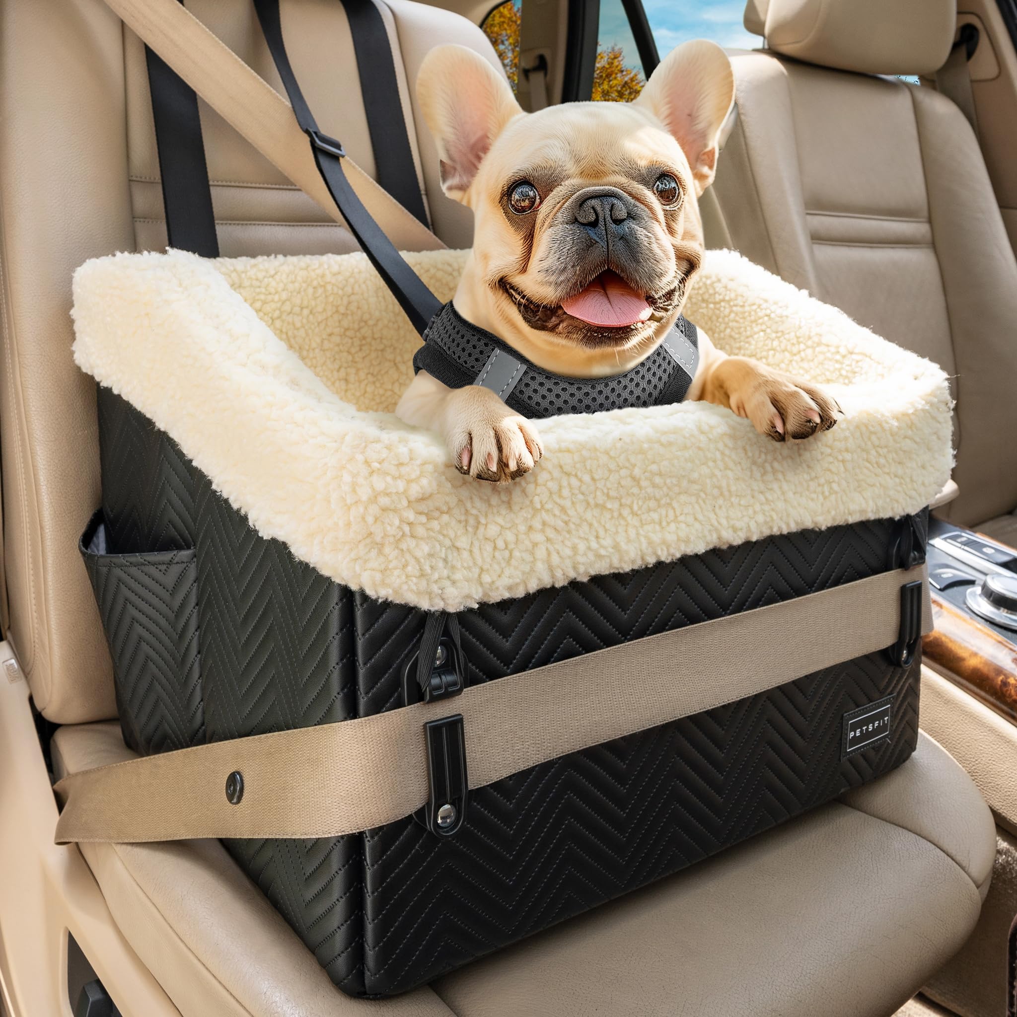 PETSFIT Small Dog Car Seat with waterproof PU leather for easy cleaning on trips.