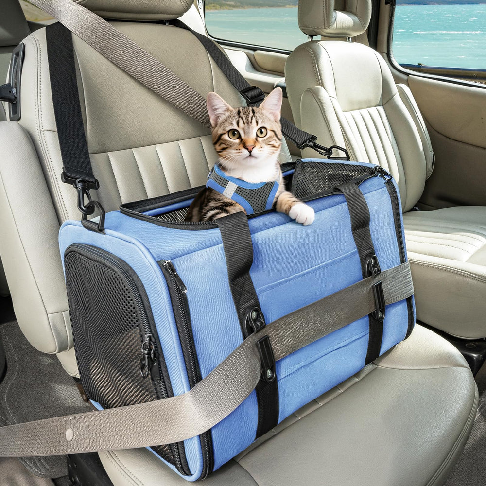 Petsfit soft-sided cat carrier front view, travel-ready and easy to store