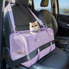 Petsfit soft-sided cat carrier front view, ideal for easy car trips with a calm cat