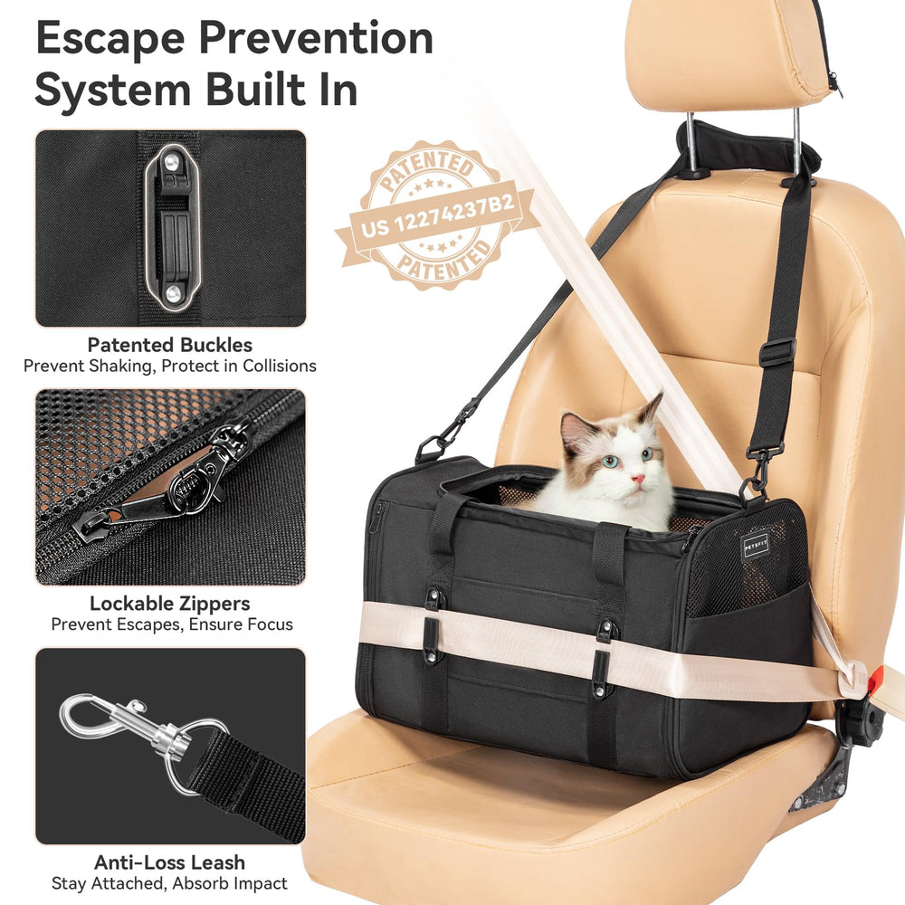 Petsfit soft-sided carrier with safety buckles secured to car seat