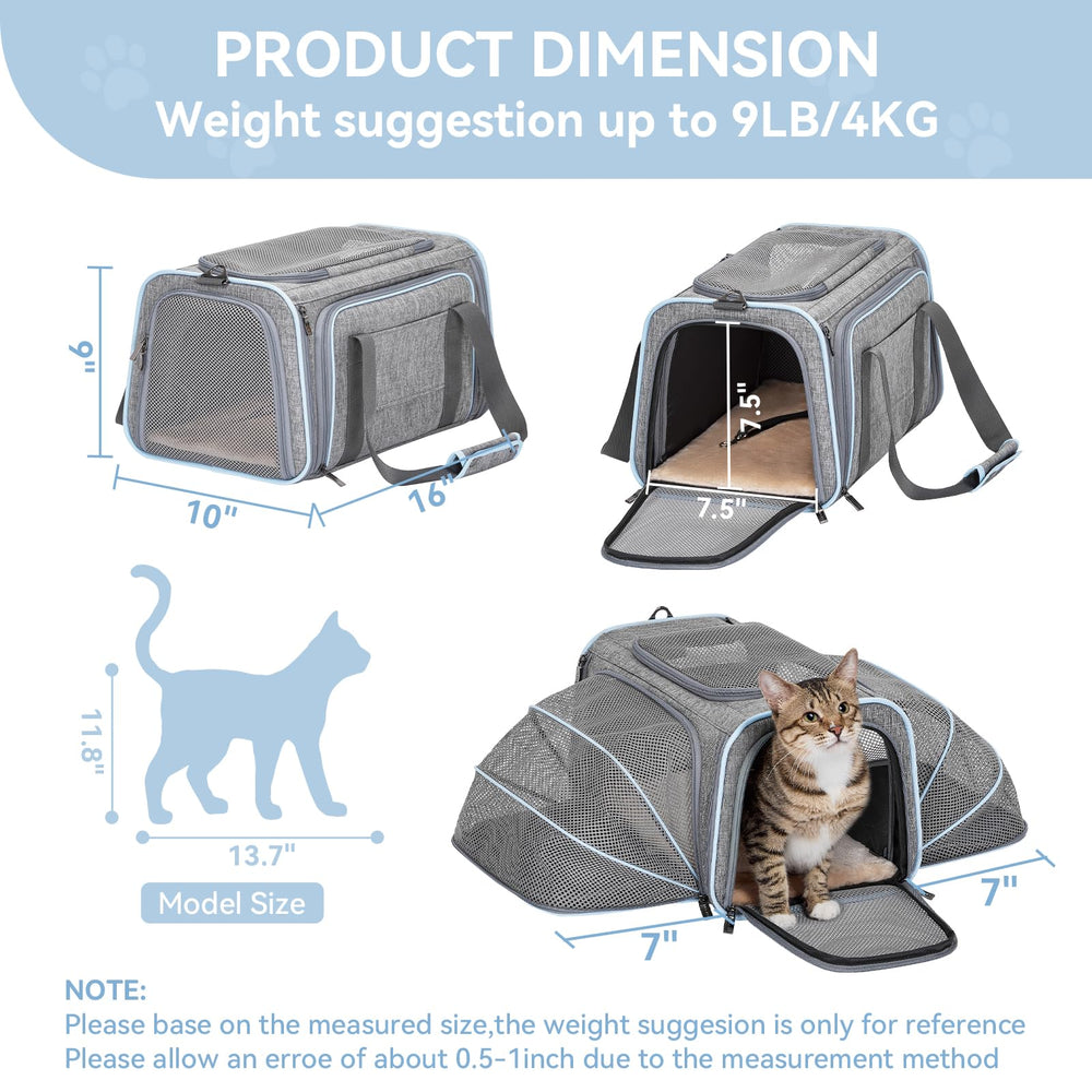 Petsfit soft-sided pet carrier with plush pad provides cozy resting area.