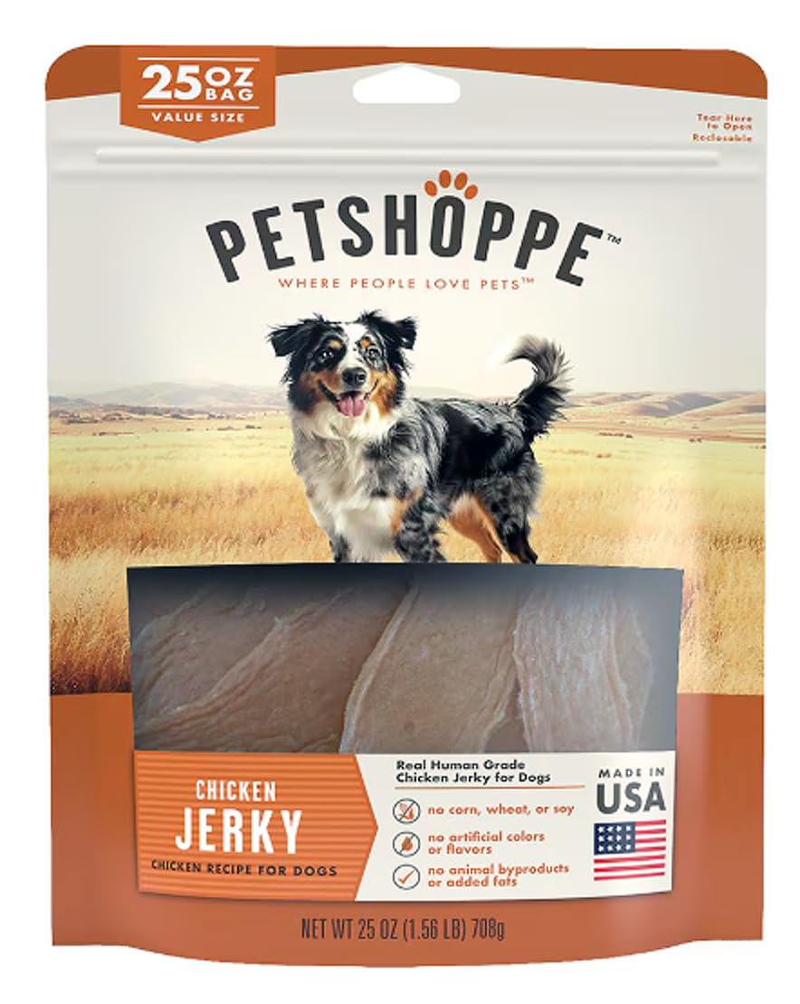 PetShoppe Premium Chicken Jerky bag closeup, highlighting USA-made quality and all-natural ingredients.