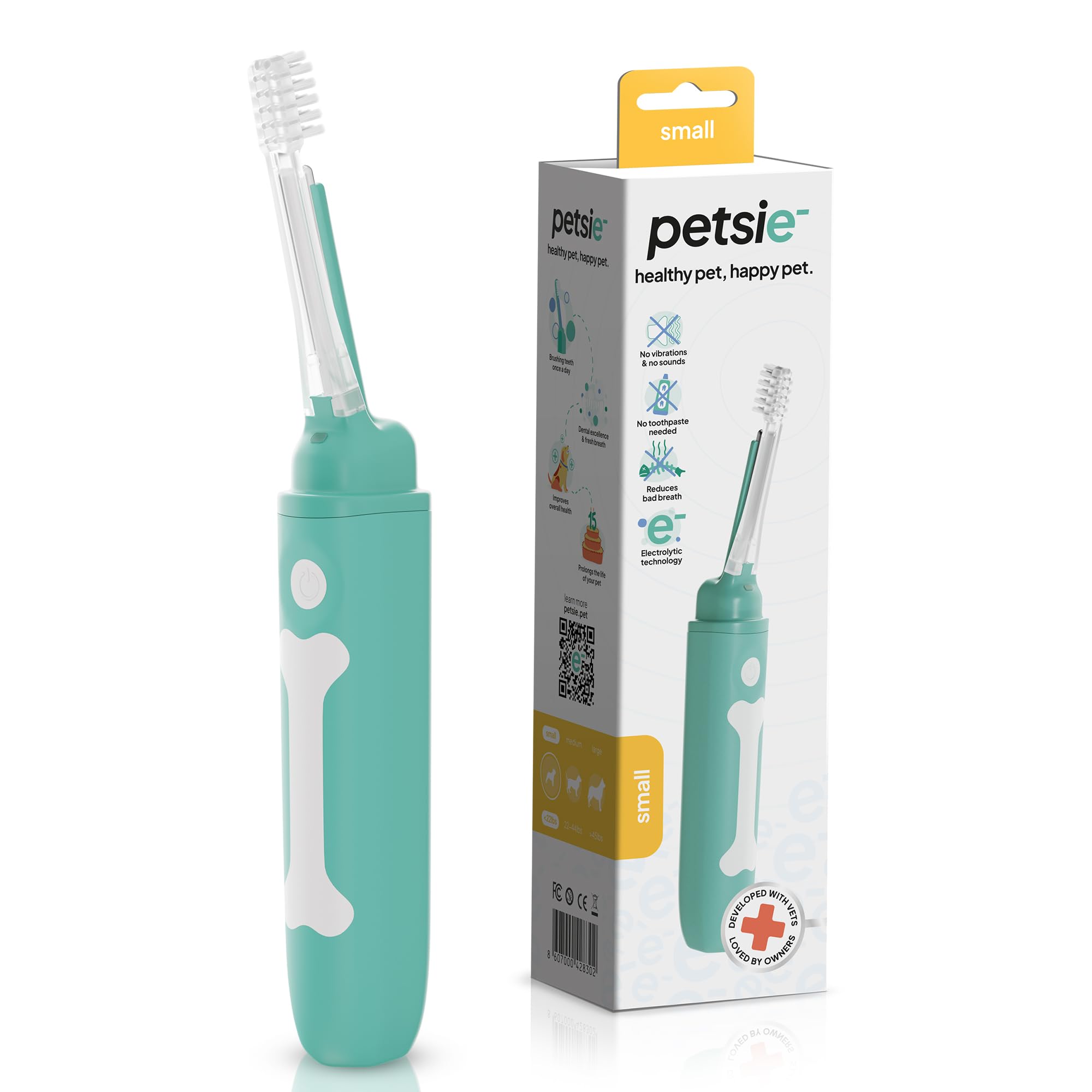 Petsie dog toothbrush with silent operation for calm brushing.