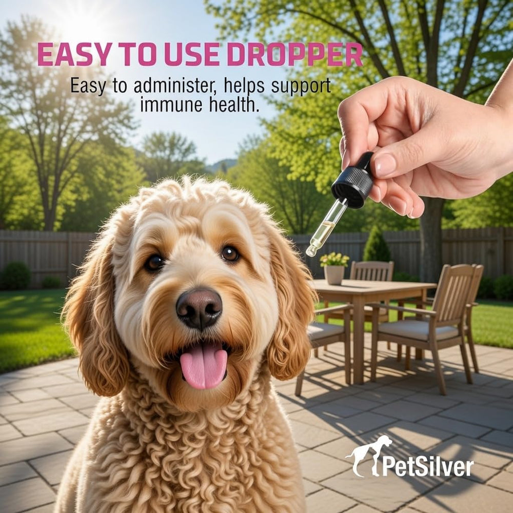 Petsilver Immune Support bottle close-up highlights chelated silver formula