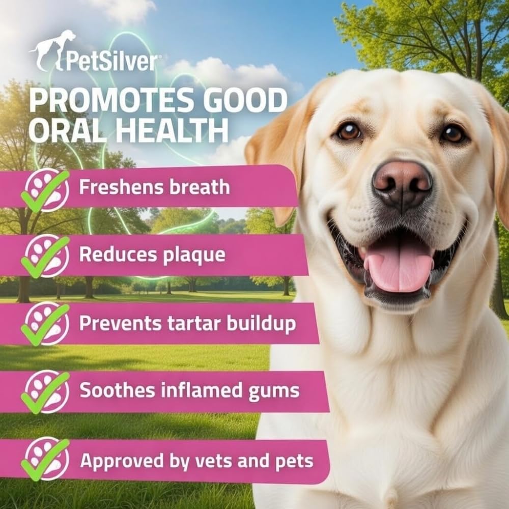 PetSilver label highlights patented chelated-silver ingredient for dental support.
