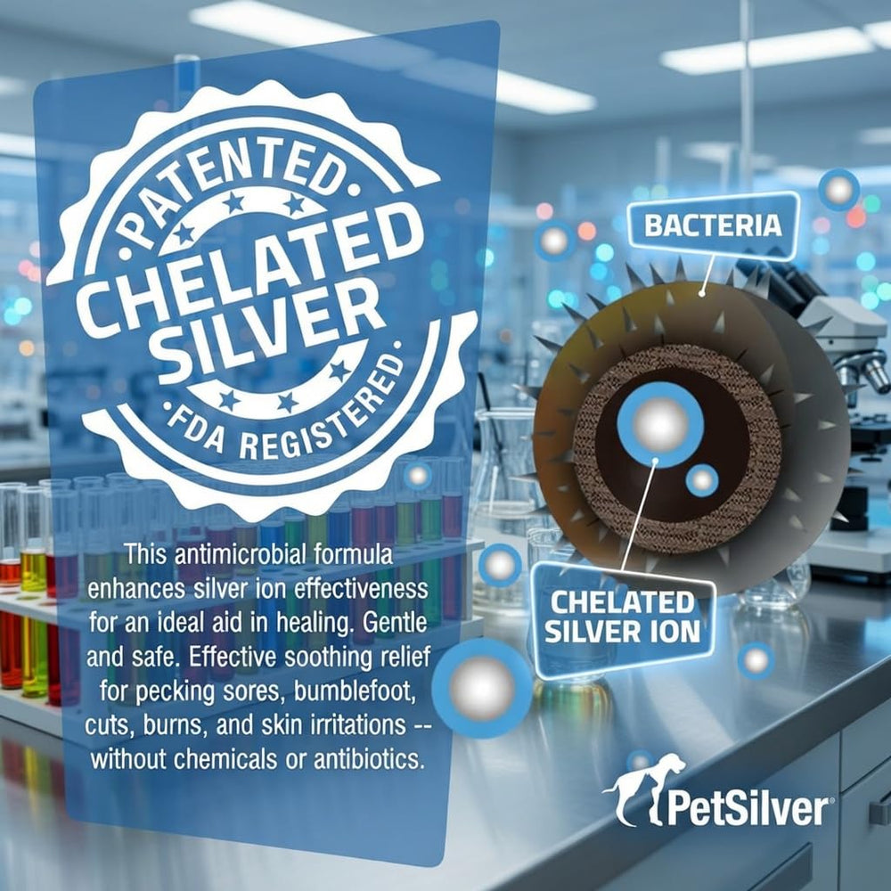 PetSilver label highlights a patented silver solution and safety features.