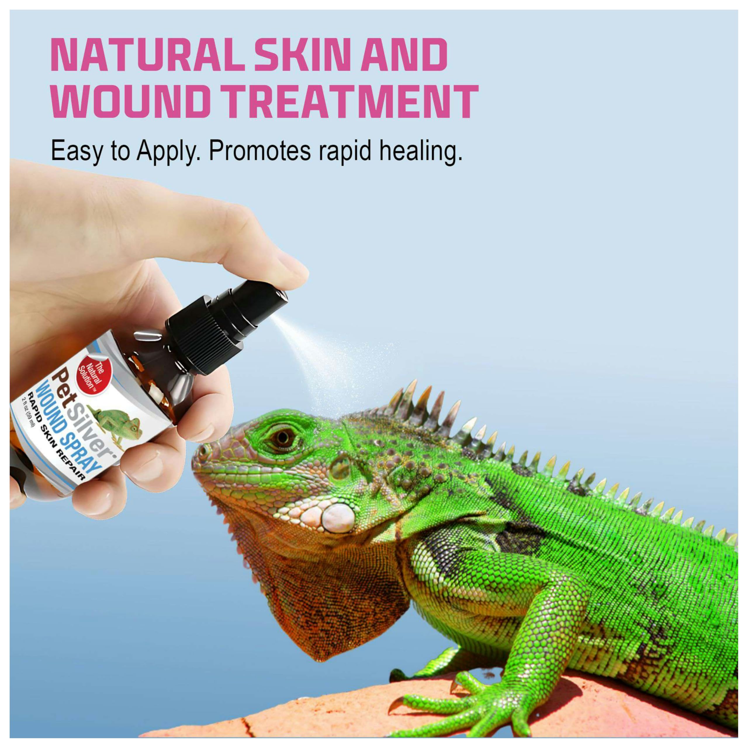 PetSilver Reptile Wound Spray pump dispense demonstrating easy, no-rinse use
