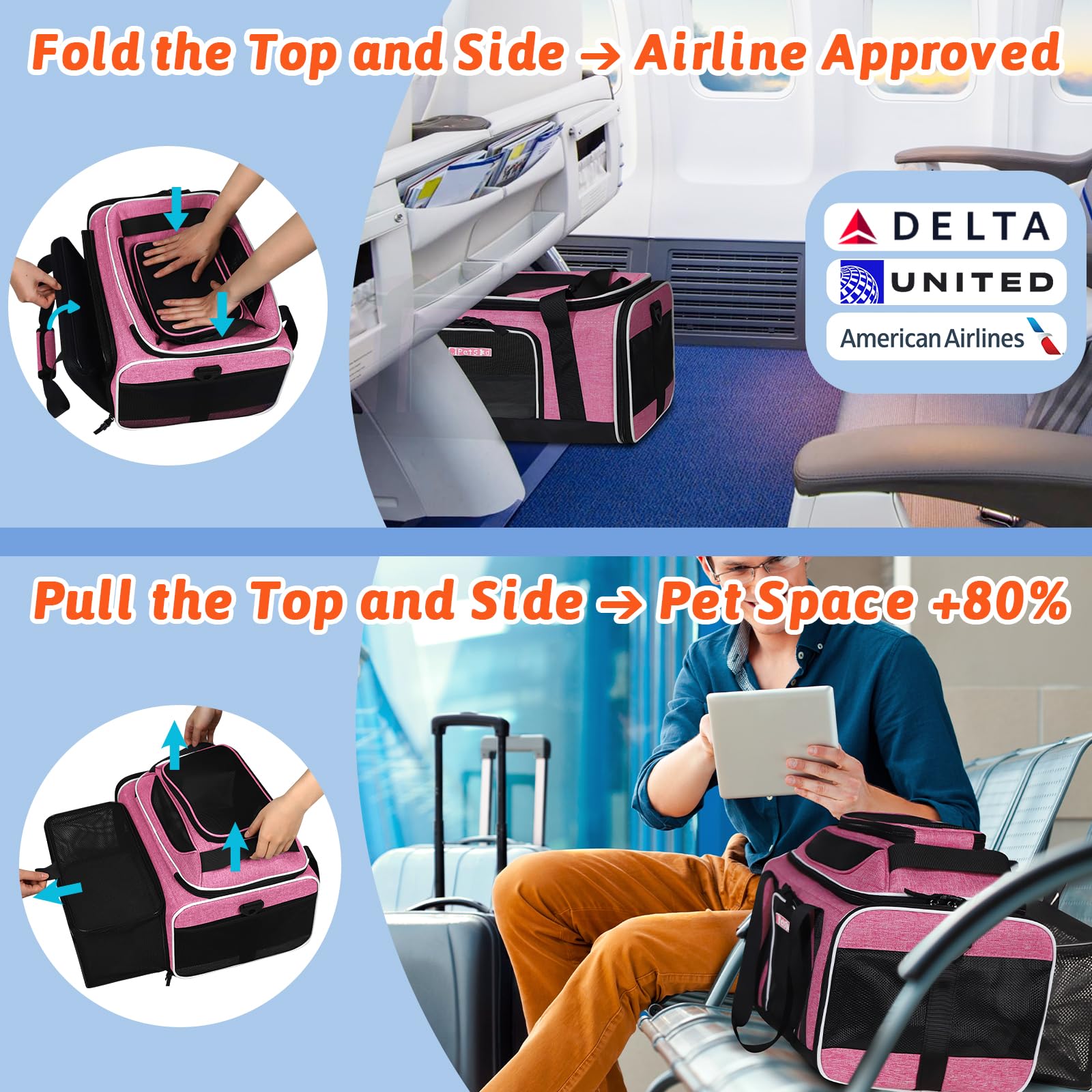 Petskd airline-approved pink carrier fits Delta United cabins