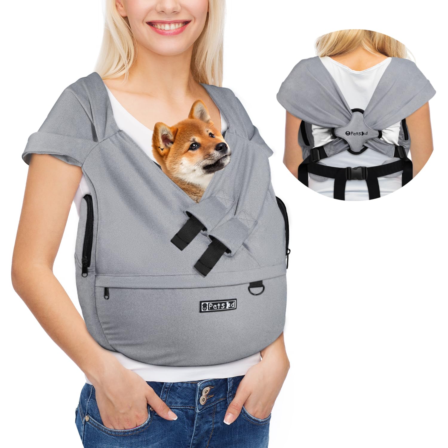 Petskd dog sling front view with two buckles for secure support