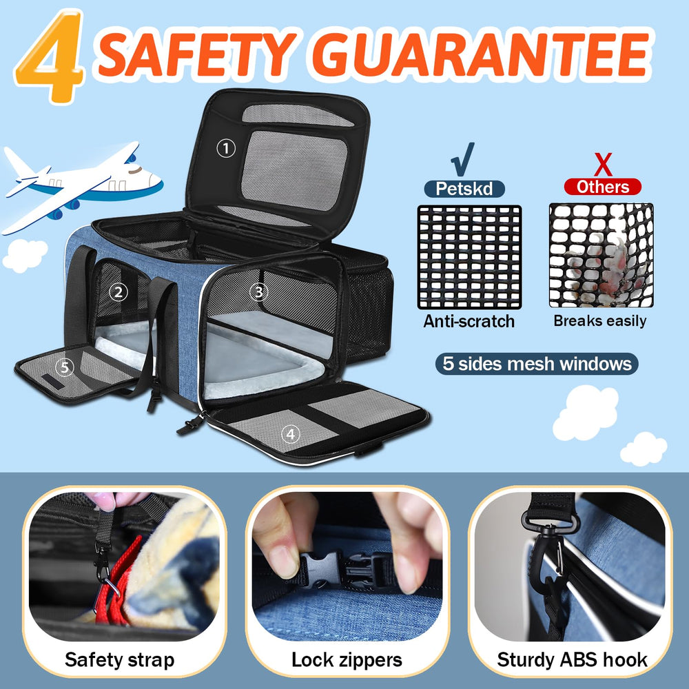 Petskd expandable-space-top-side-pet-carrier expands for sitting, standing, or stretching.