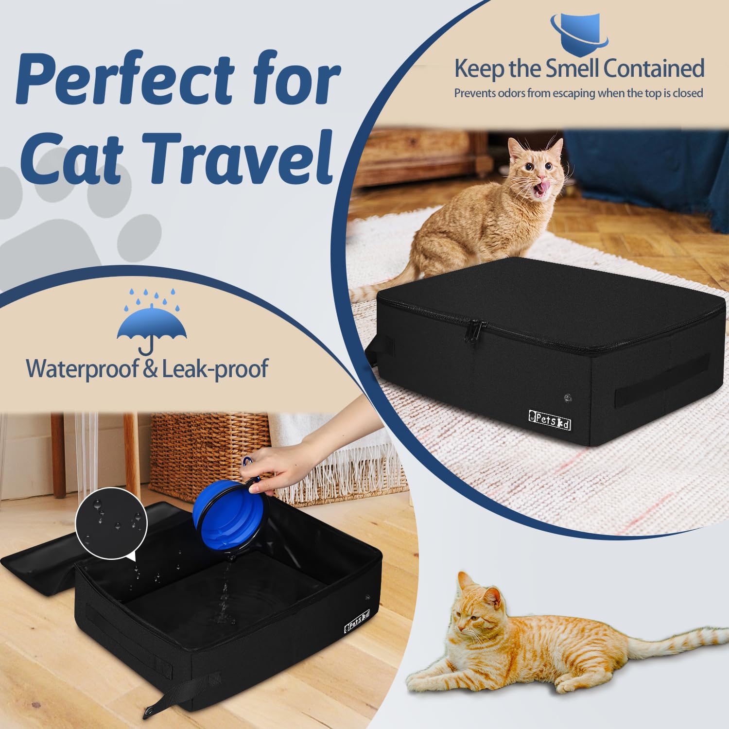 Petskd leakproof litter box interior prevents spills during travel adventures.