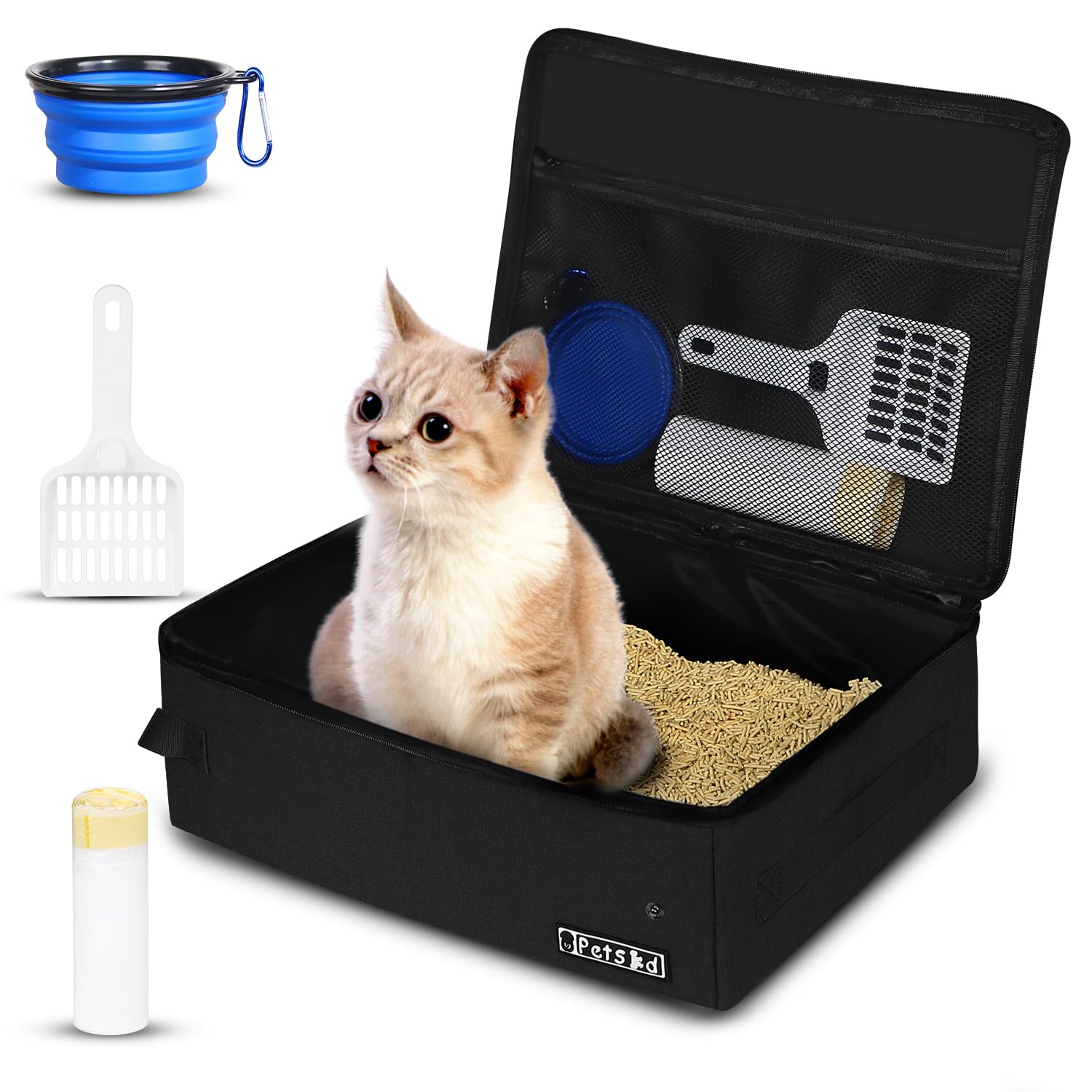 Petskd portable cat travel litter box with lid in car, ready for trips.