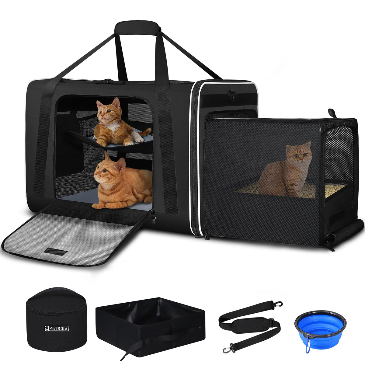 Petskd side-expandable cat carrier, closed view, sturdy for traveling with large cats.