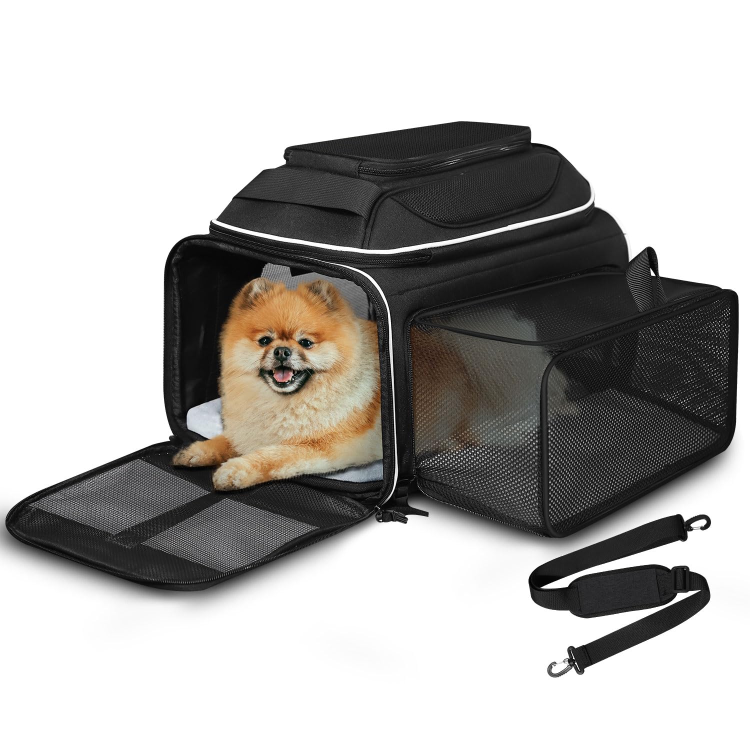 Petskd top and side expandable carrier under-seat view for small pets