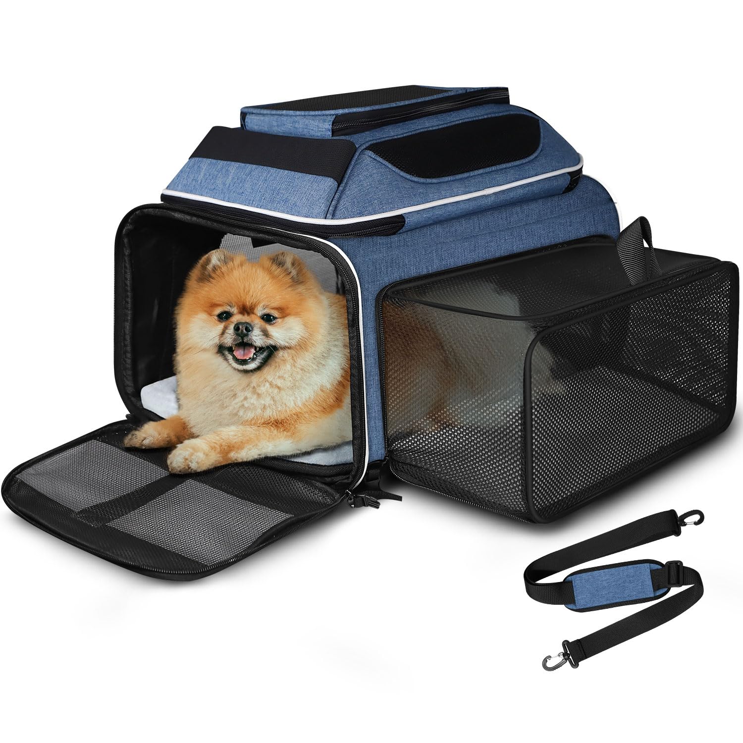 Petskd top and side expandable carrier under-seat fit for small dogs and cats.