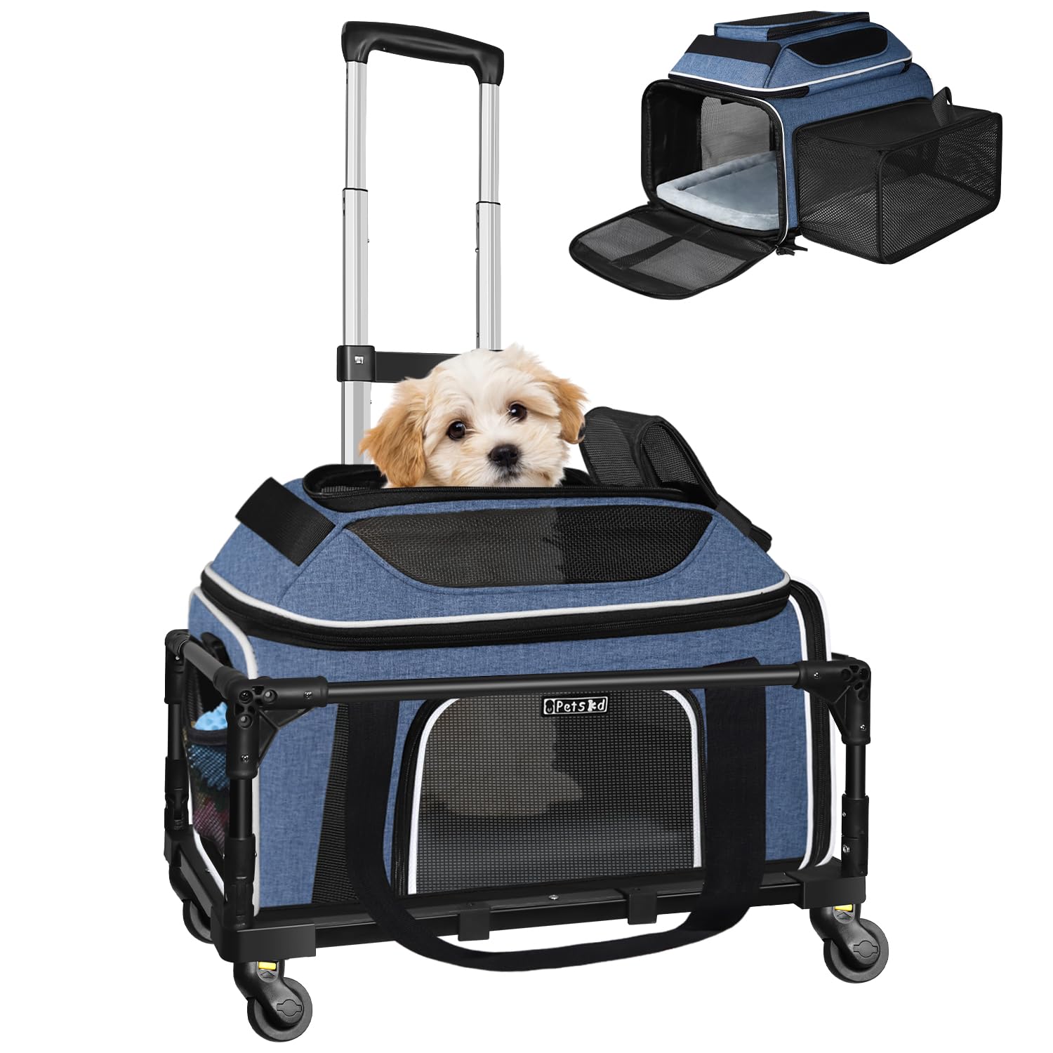 Petskd top-side expandable carrier with wheels for easy transport and storage.