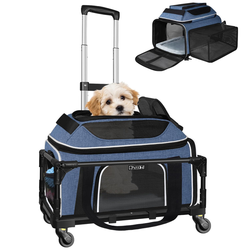 Petskd top-side expandable carrier with wheels for easy transport and storage.