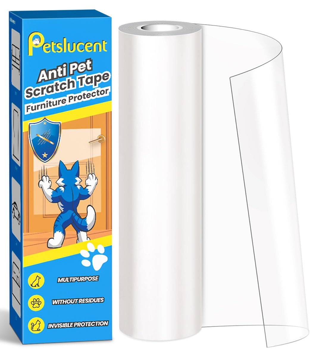 Petslucent cat scratch protector on sofa edge protects furniture from claws.