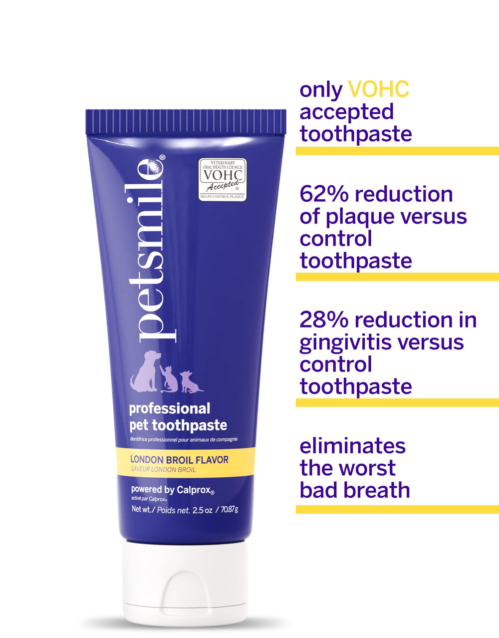 Petsmile Calprox formula close-up highlighting plaque and tartar control features.