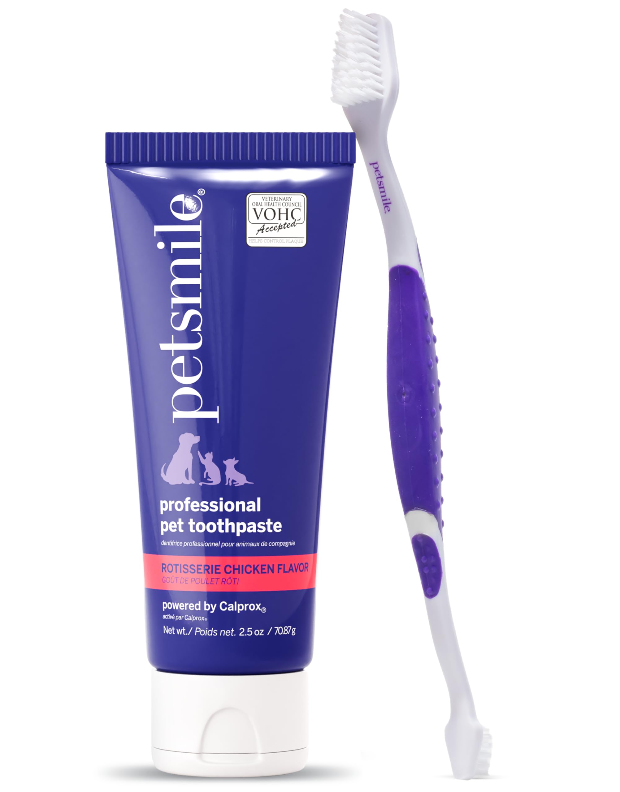 Petsmile pro toothpaste tube with rotisserie chicken flavor shown for brushing.