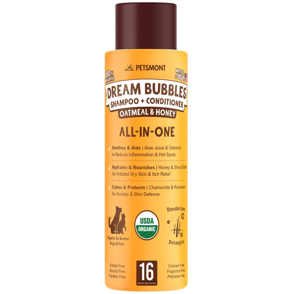 Petsmont Dream Bubbles 2-in-1 shampoo bottle promotes gentle cleansing and detangling.