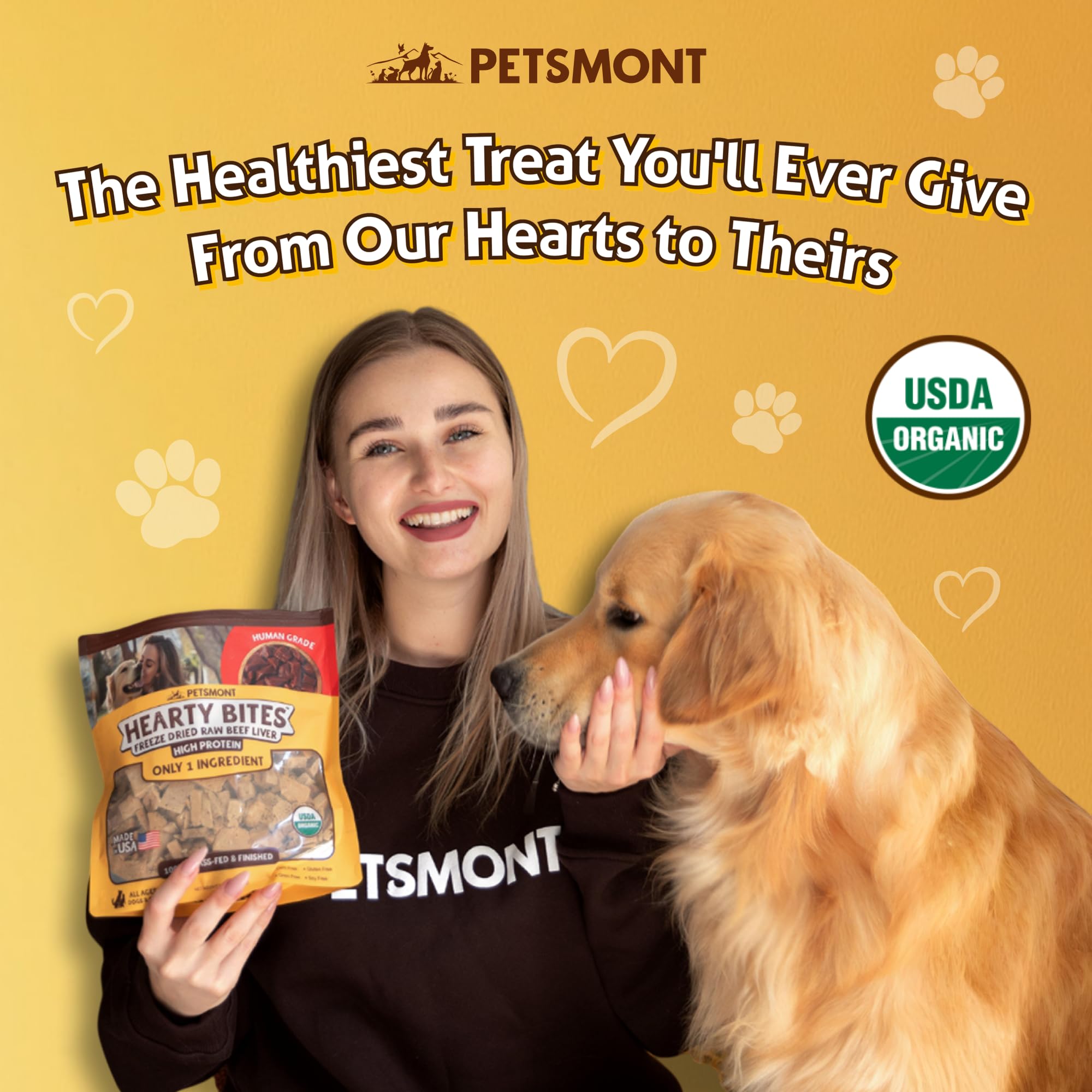 Single-ingredient, organic Petsmont Hearty Bites beef liver, grain-free and additive-free.