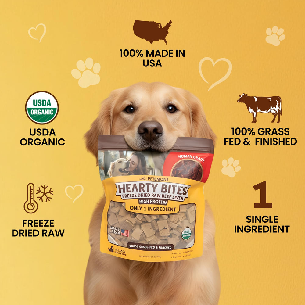 USA-sourced, grass-fed cattle provide single-ingredient Petsmont Hearty Bites beef liver.