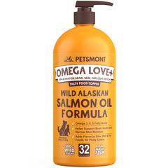 Petsmont Omega Love+ wild Alaskan salmon oil bottle with pump for easy dosing on dog food