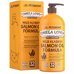 Petsmont Omega Love+ being poured into dog food at mealtime for easy dosing