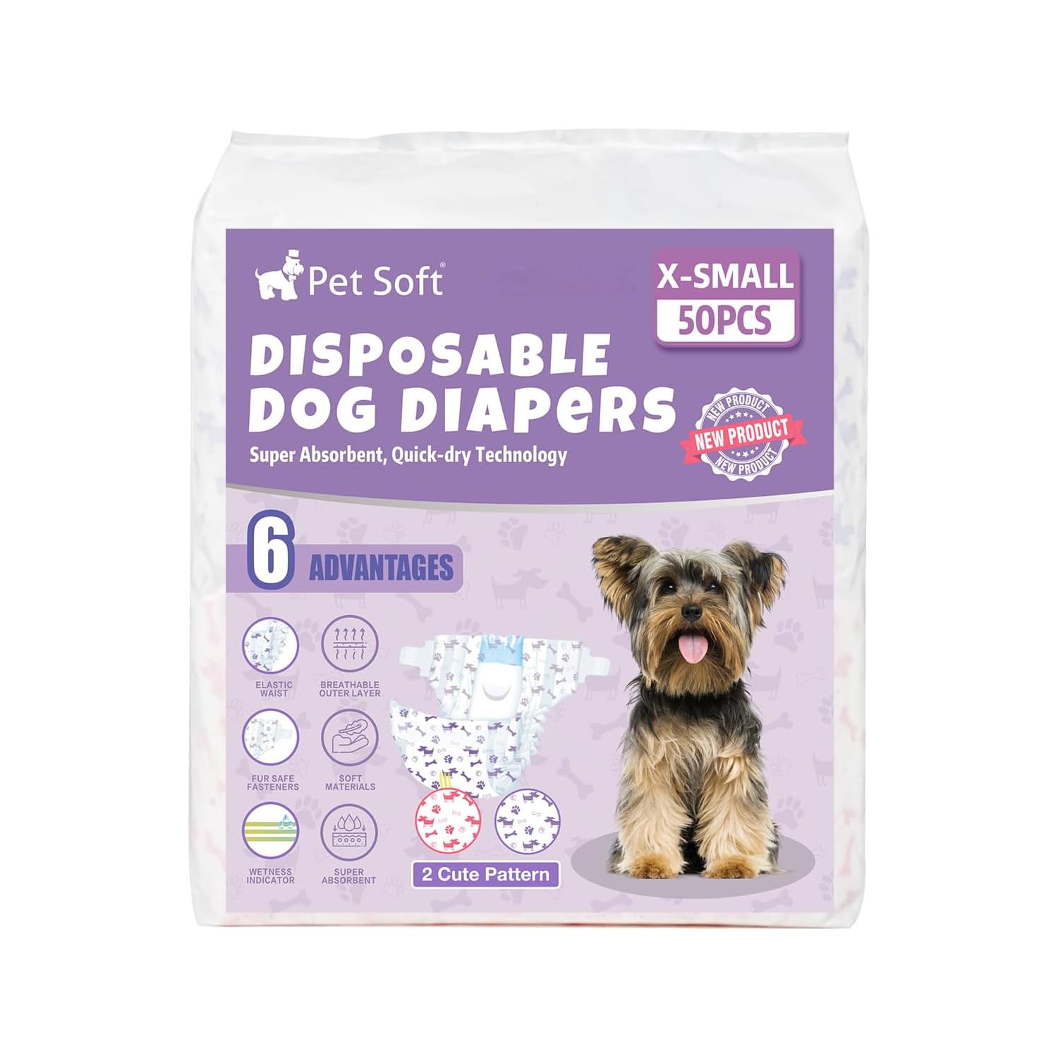 Pack includes 50 disposable diapers with varied patterns.