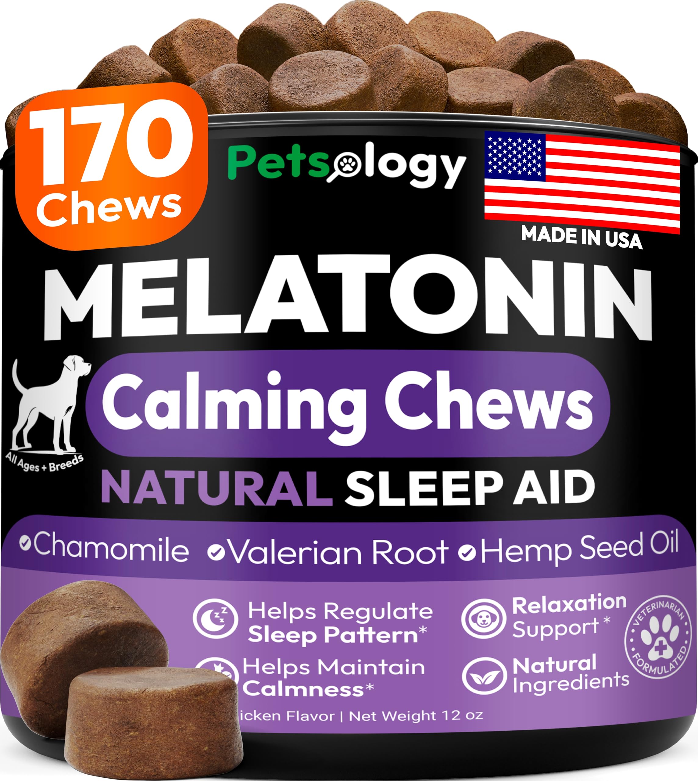 Petsology Advanced Melatonin for Dogs bottle with calming chews ready to ease barkiness
