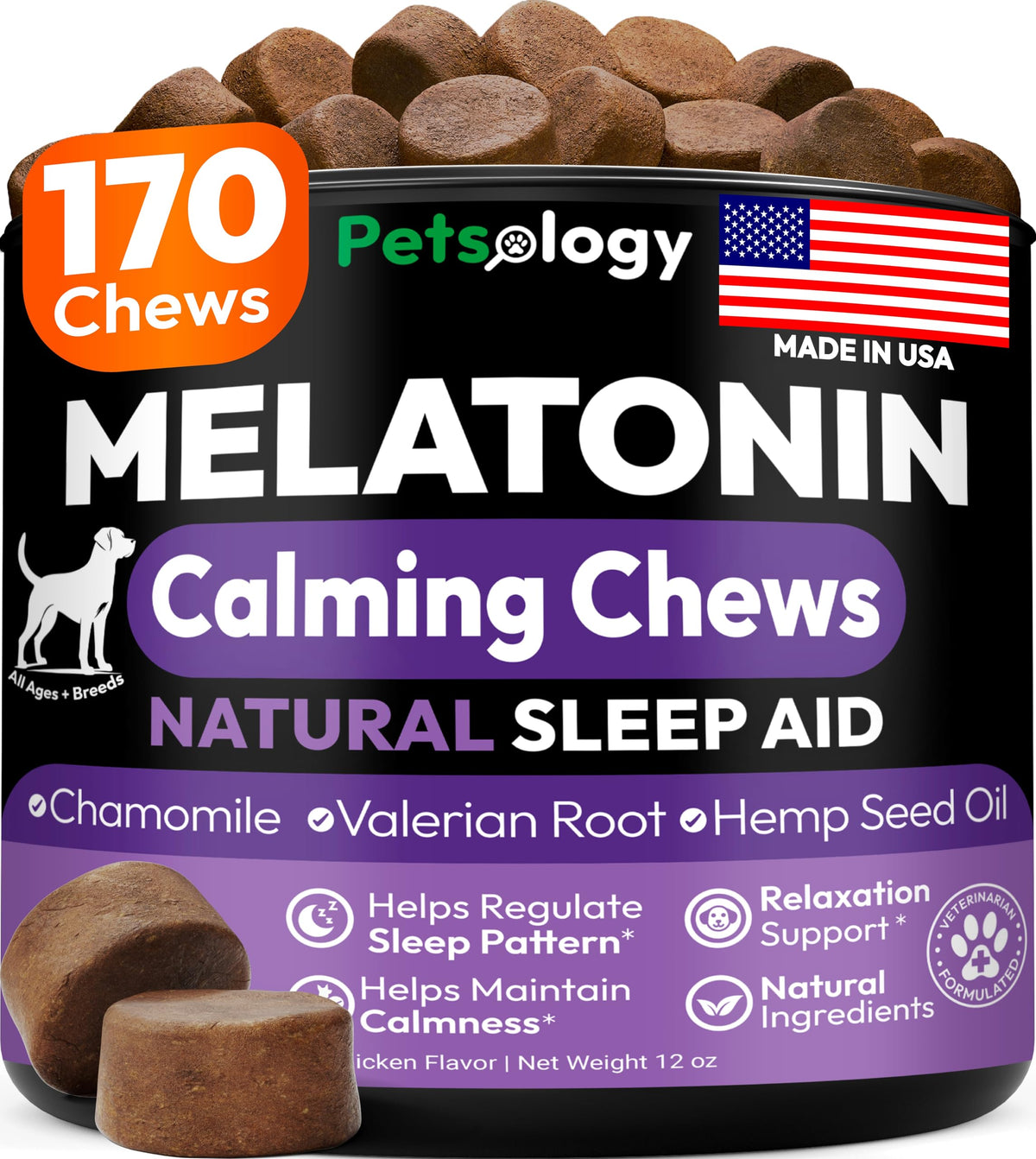 Petsology Advanced Melatonin for Dogs bottle with calming chews ready to ease barkiness